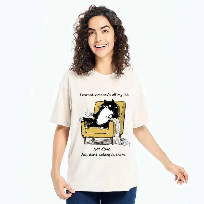 Kyoto-Lion Lazy Cat Task List Meme Washed T-Shirt