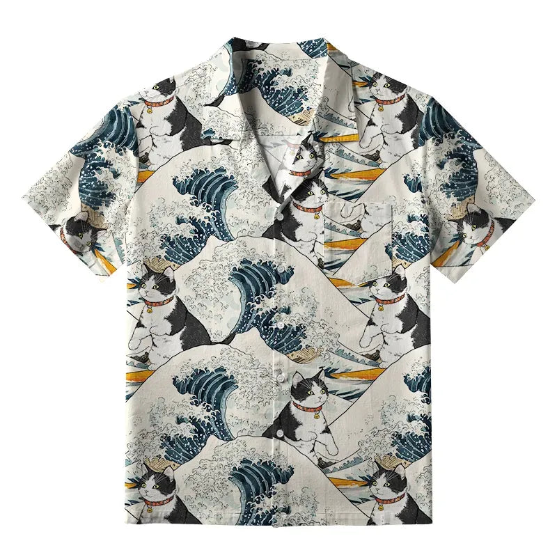 Kyoto-Lion Funny Cat Surfing Aloha Hawaiian Shirt