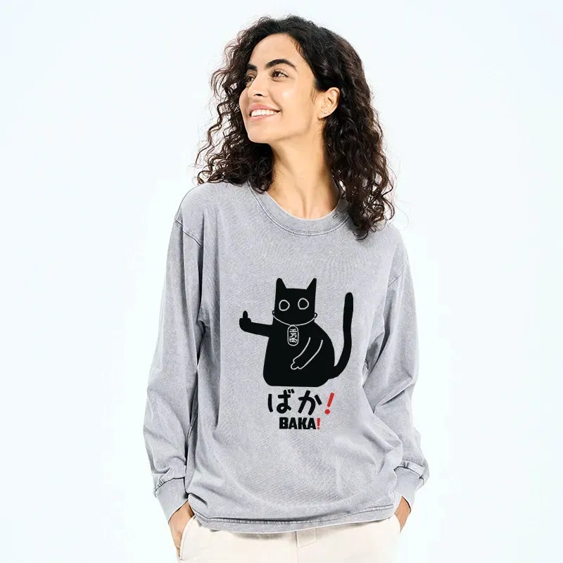 Washed Japanese Cat Shirt for Daily Wear