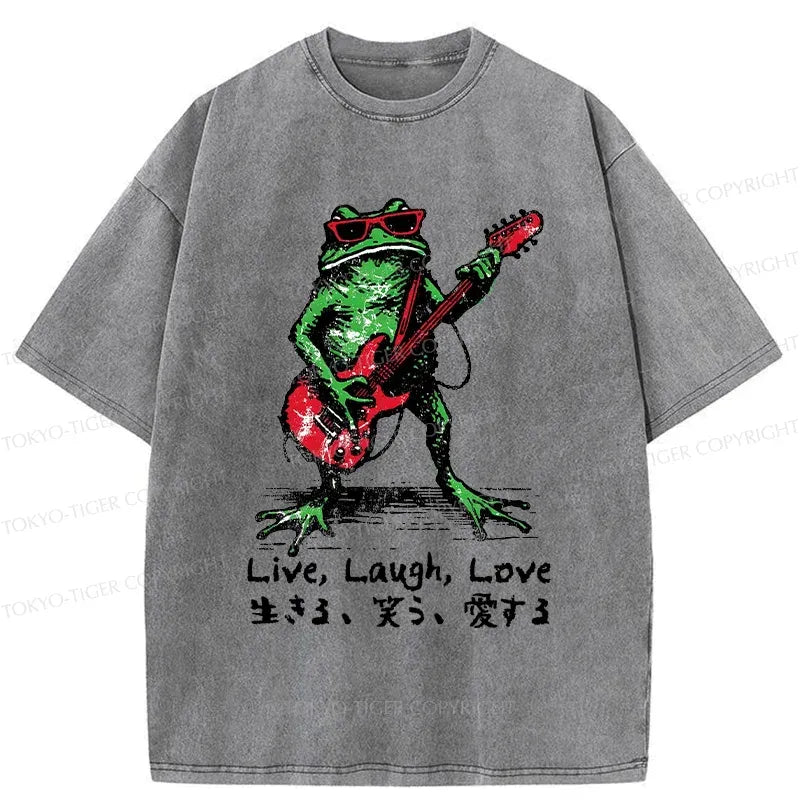 Kyoto-Lion Frog Playing Guitar Funny Washed T-Shirt