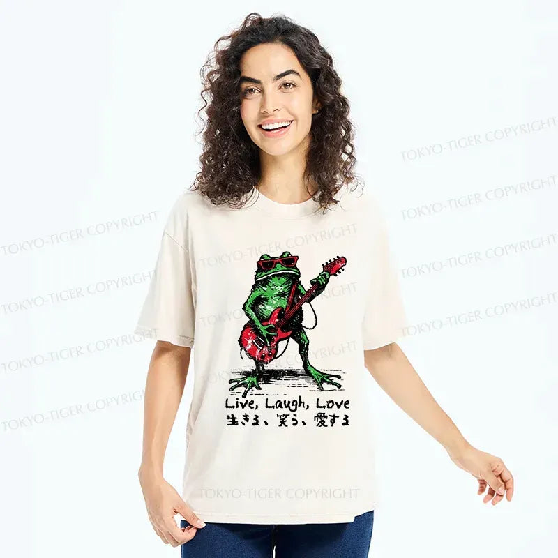 Kyoto-Lion Frog Playing Guitar Funny Washed T-Shirt