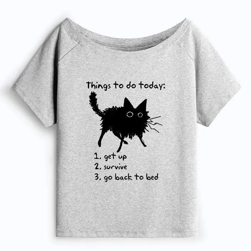 Kyoto-Lion Lazy Cat Survive Day Funny Meme Off Shoulder T-Shirt