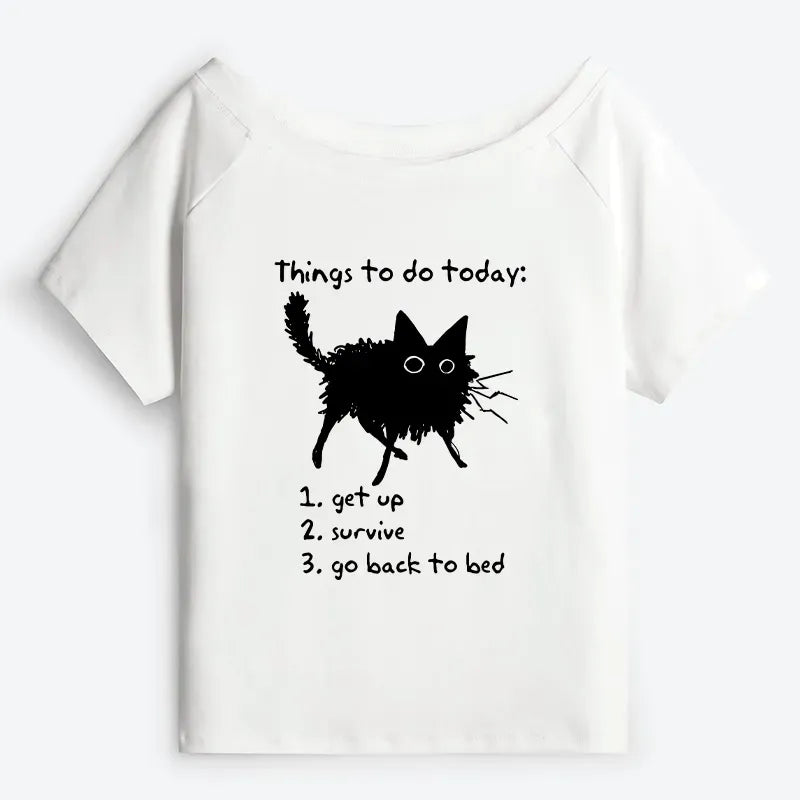 Kyoto-Lion Lazy Cat Survive Day Funny Meme Off Shoulder T-Shirt
