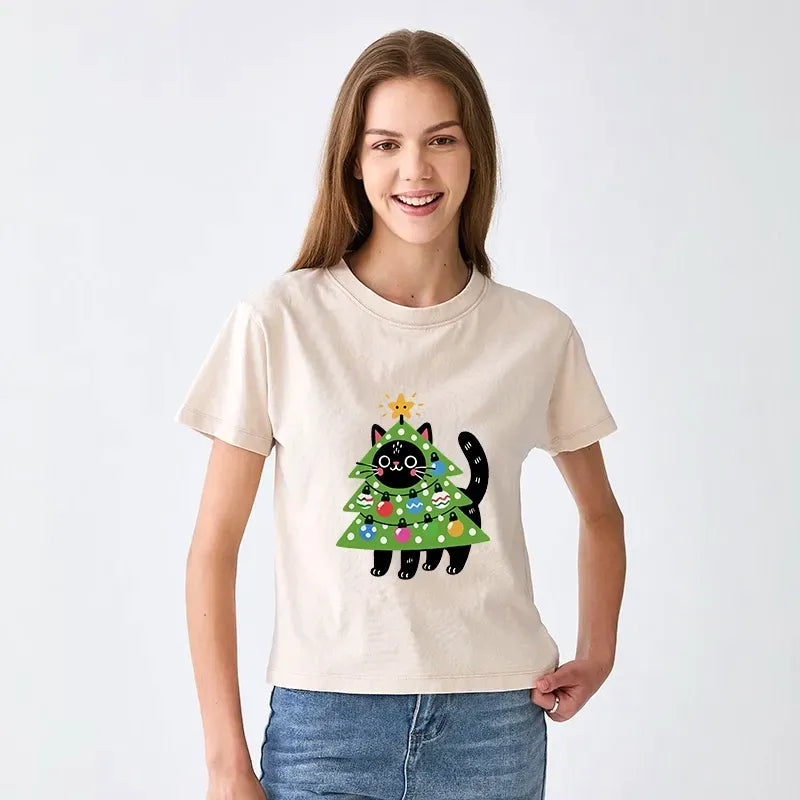 Japanese vintage Christmas cat tee for daily wear