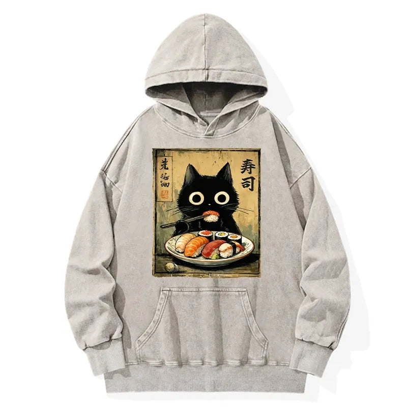 Kyoto-Lion Vintage Japanese Sushi Cat Washed Hoodie