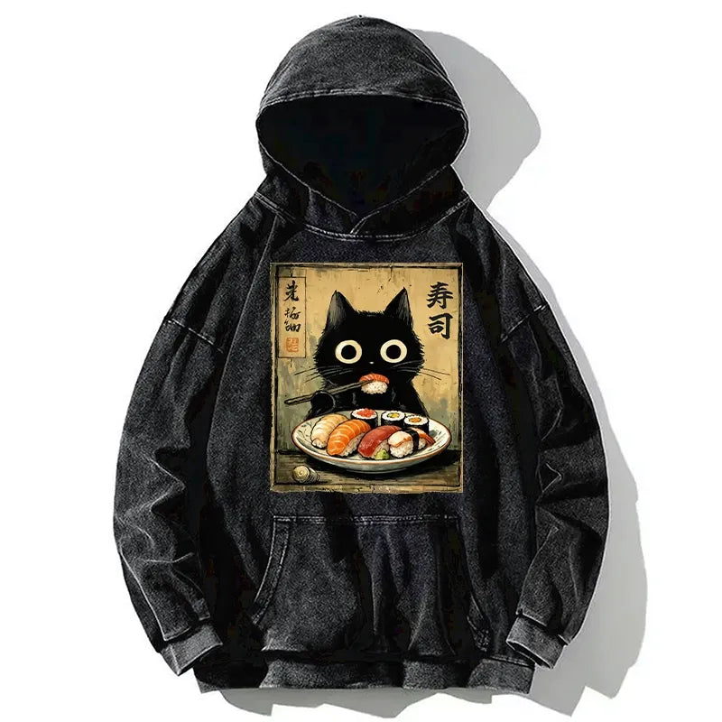 Kyoto-Lion Vintage Japanese Sushi Cat Washed Hoodie