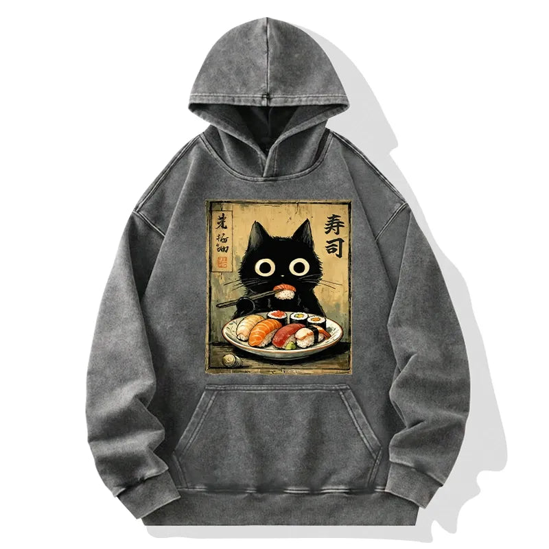 Kyoto-Lion Vintage Japanese Sushi Cat Washed Hoodie