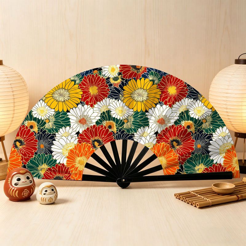 Kyoto-Lion Colorful Chrysanthemums Hand Fan