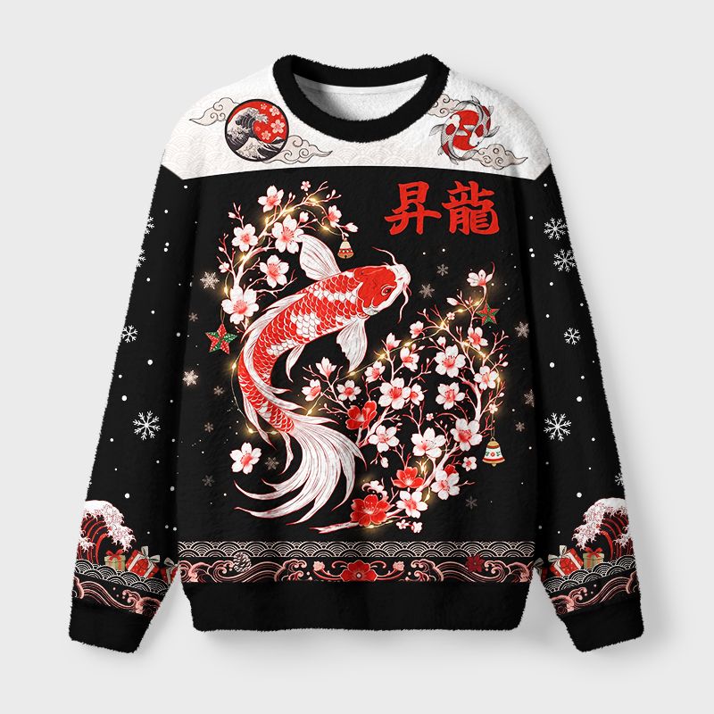 Kyoto-Lion Vintage Sakura And Koi Fuzzy Christmas Ugly Sweatshirt