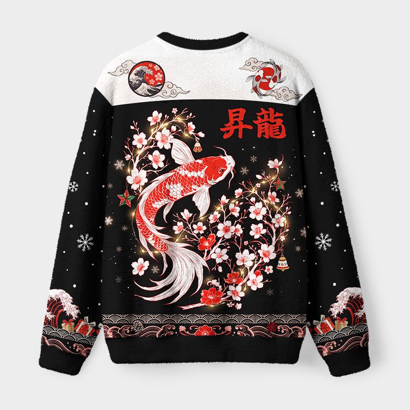 Kyoto-Lion Vintage Sakura And Koi Fuzzy Christmas Ugly Sweatshirt
