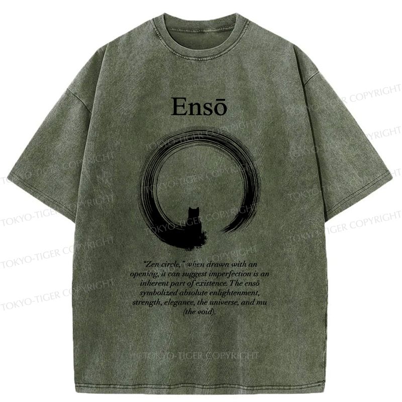 Kyoto-Lion The Zen Cat Within The Enso Circle Washed T-Shirt