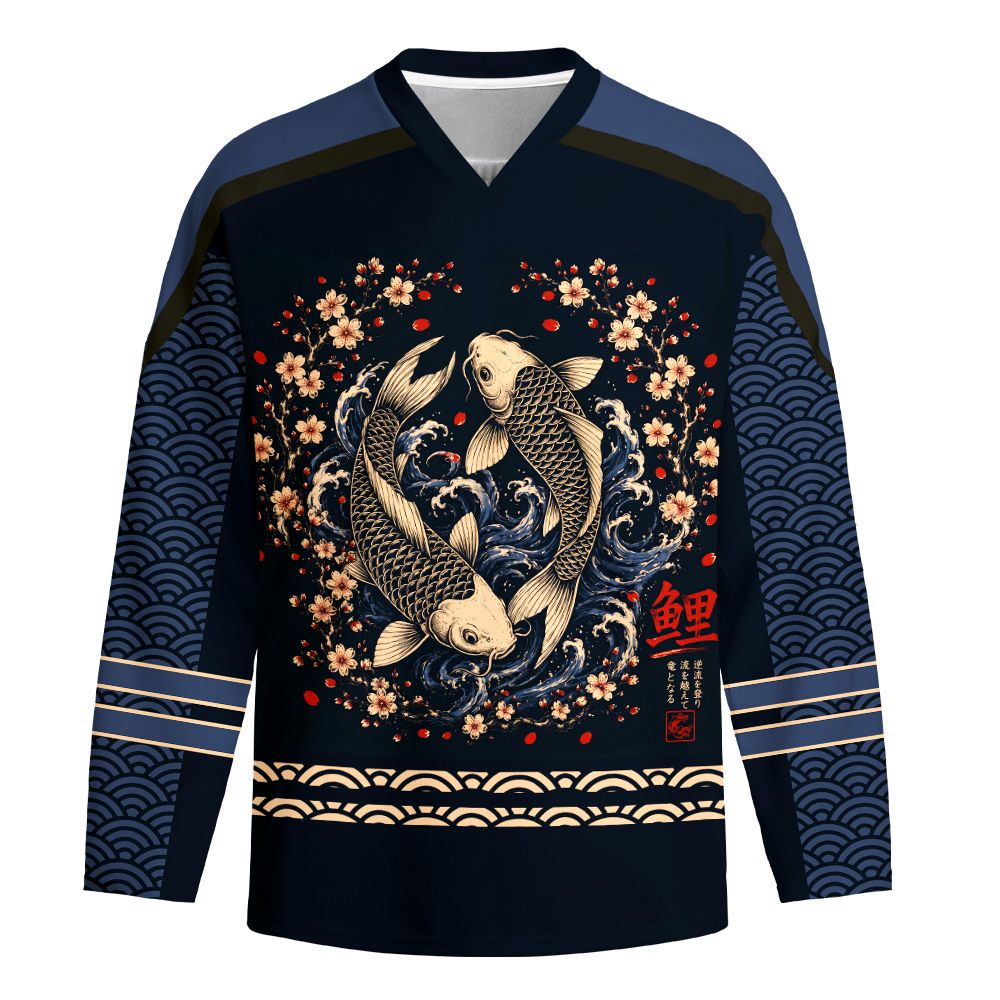 Kyoto-Lion Japanese Twin Koi Wave Art Long-Sleeve Hockey Jersey