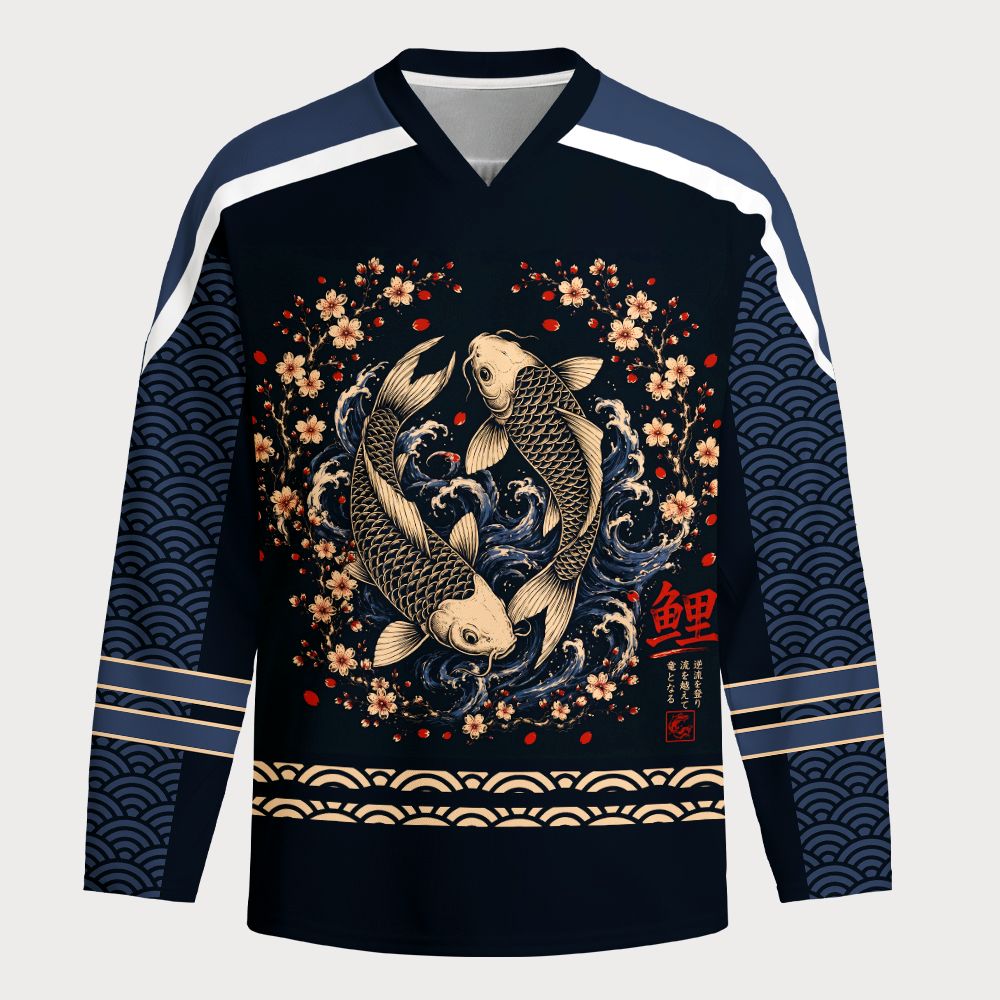 Kyoto-Lion Japanese Twin Koi Wave Art Long-Sleeve Hockey Jersey