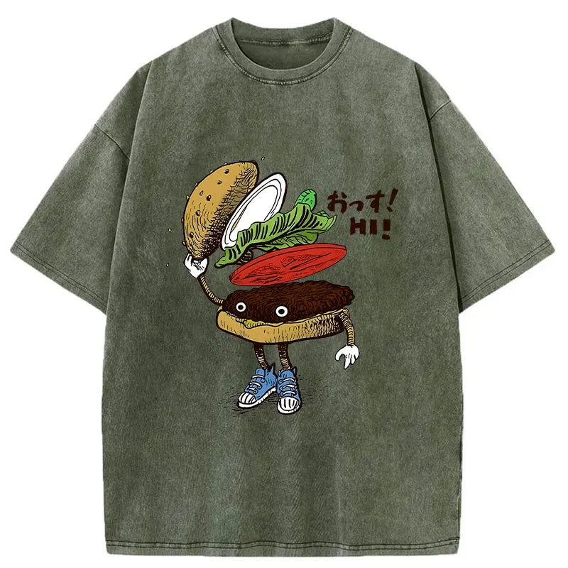 Kyoto-Lion Hamburger That Says Hello Washed T-Shirt