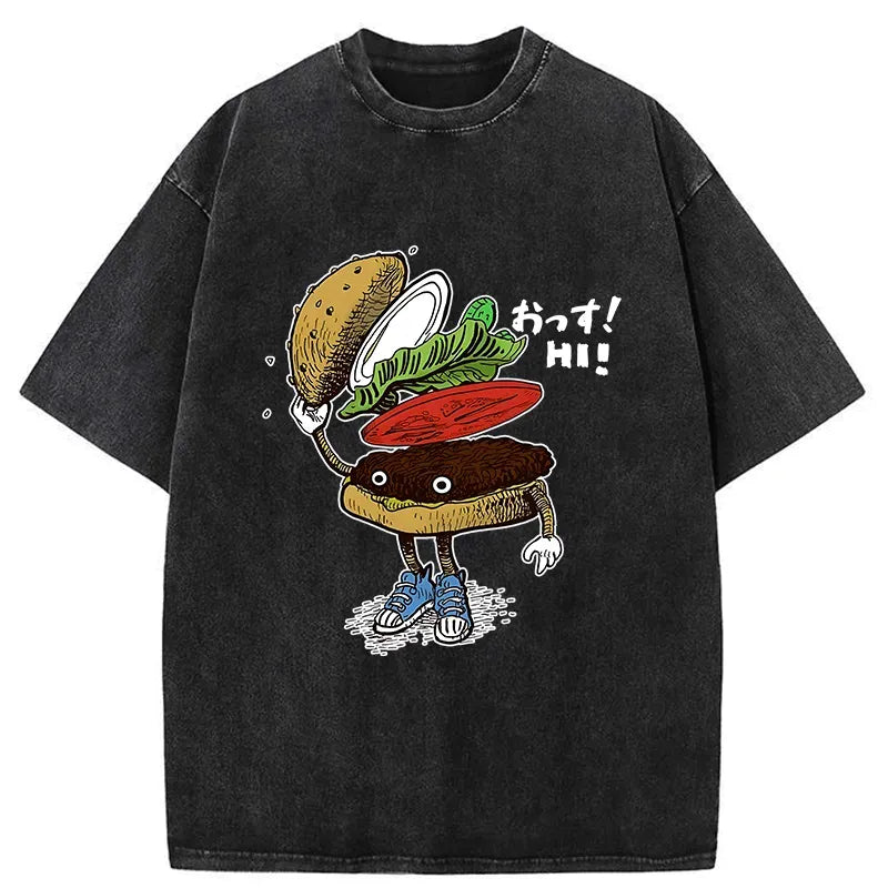 Kyoto-Lion Hamburger That Says Hello Washed T-Shirt