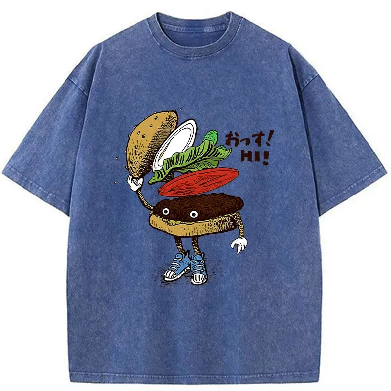 Kyoto-Lion Hamburger That Says Hello Washed T-Shirt