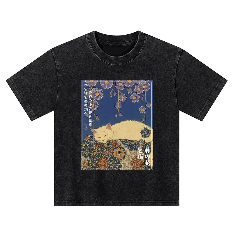 Kyoto-Lion Ukiyoe Wisteria Flowers And Cats Kids Washed T-Shirt