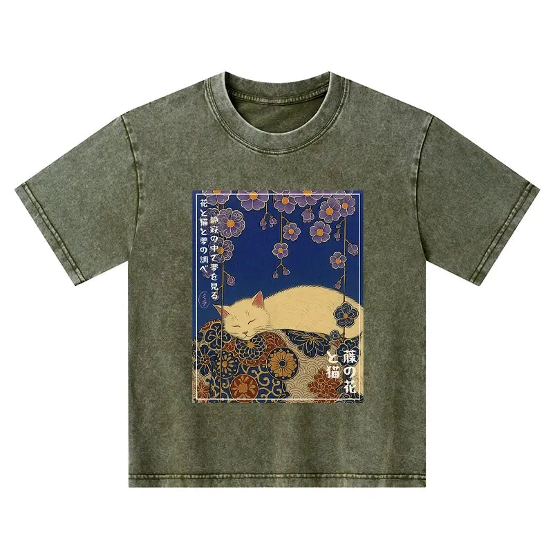 Ukiyoe Wisteria Cat Kids T-Shirt