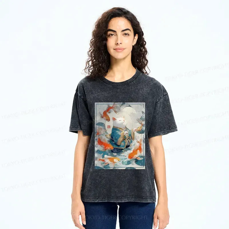 best seller Japanese vintage cat and fish t-shirt