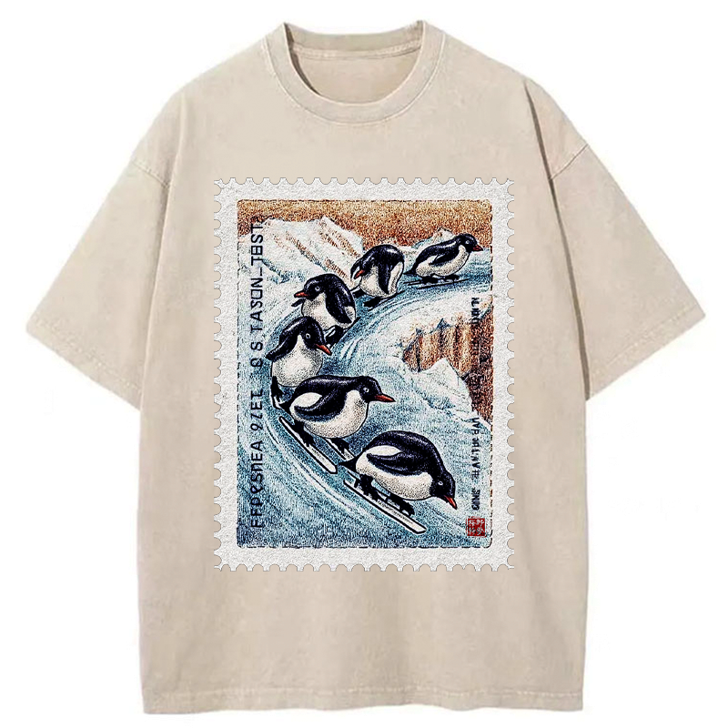 Kyoto-Lion Gliding Penguin Stamp Washed T-Shirt
