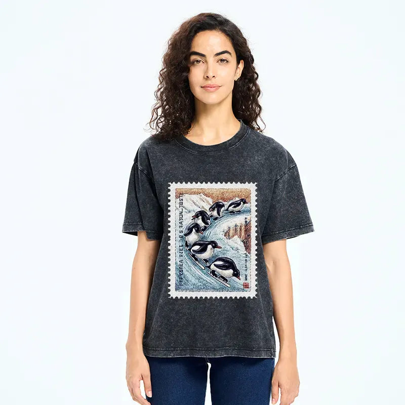 Kyoto-Lion Gliding Penguin Stamp Washed T-Shirt