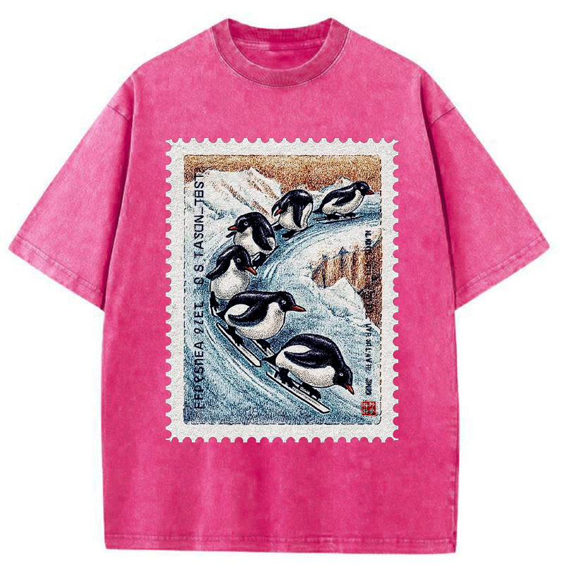 Kyoto-Lion Gliding Penguin Stamp Washed T-Shirt