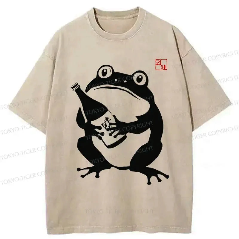 Kyoto-Lion Retro Frog Holding Wine Washed T-Shirt