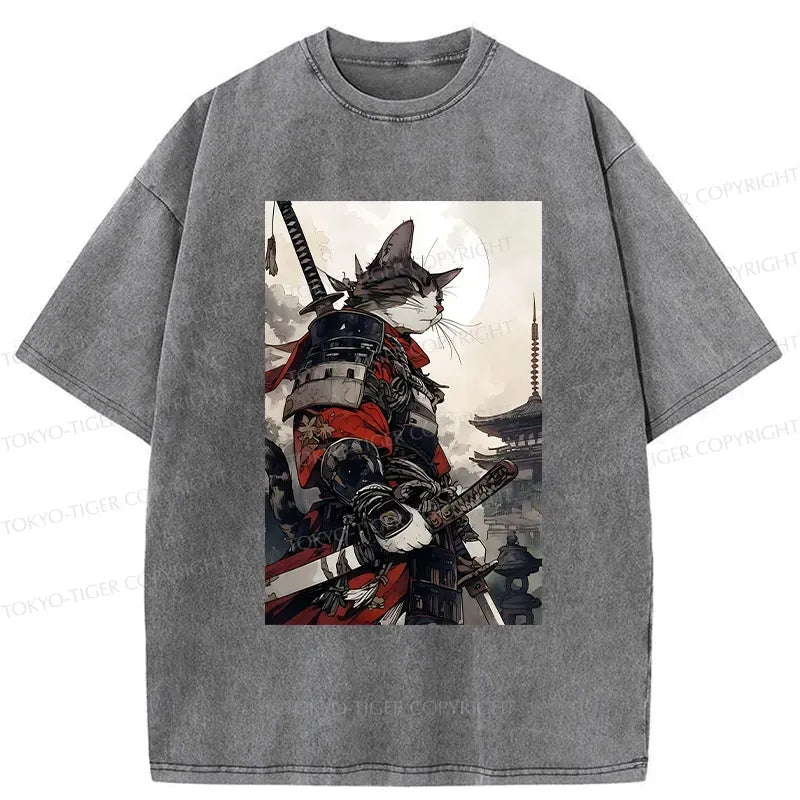 Samurai Cat Washed T-Shirt for Streetwear
