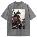 Samurai Cat Washed T-Shirt for Streetwear