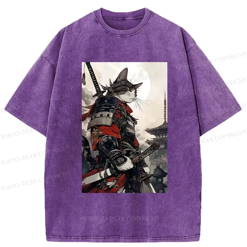 Samurai Cat Washed T-Shirt for Streetwear