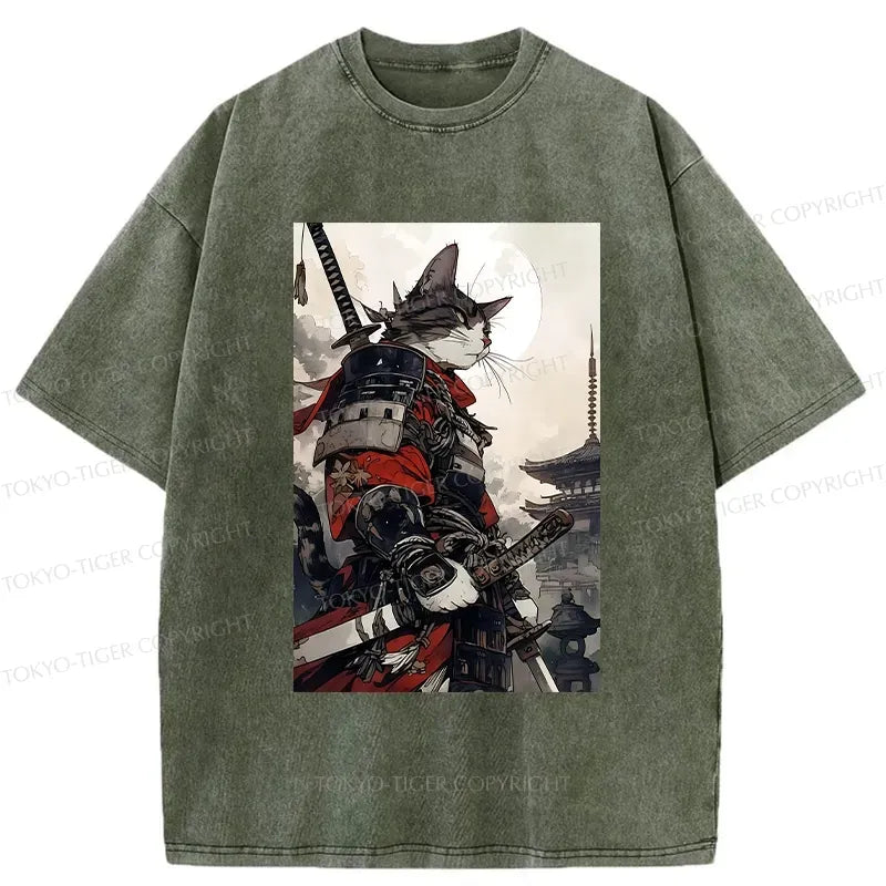 Kyoto-Lion Majestic Samurai Cat Washed T-Shirt