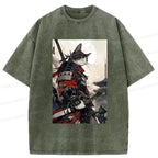 Kyoto-Lion Majestic Samurai Cat Washed T-Shirt