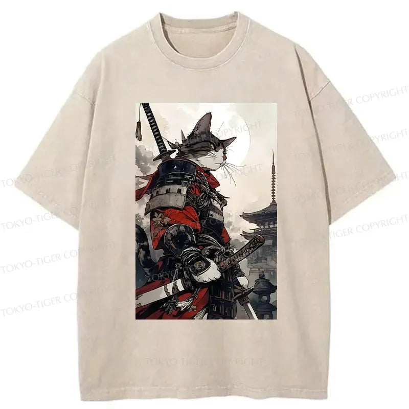 Samurai Cat Washed T-Shirt for Streetwear