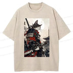 Samurai Cat Washed T-Shirt for Streetwear