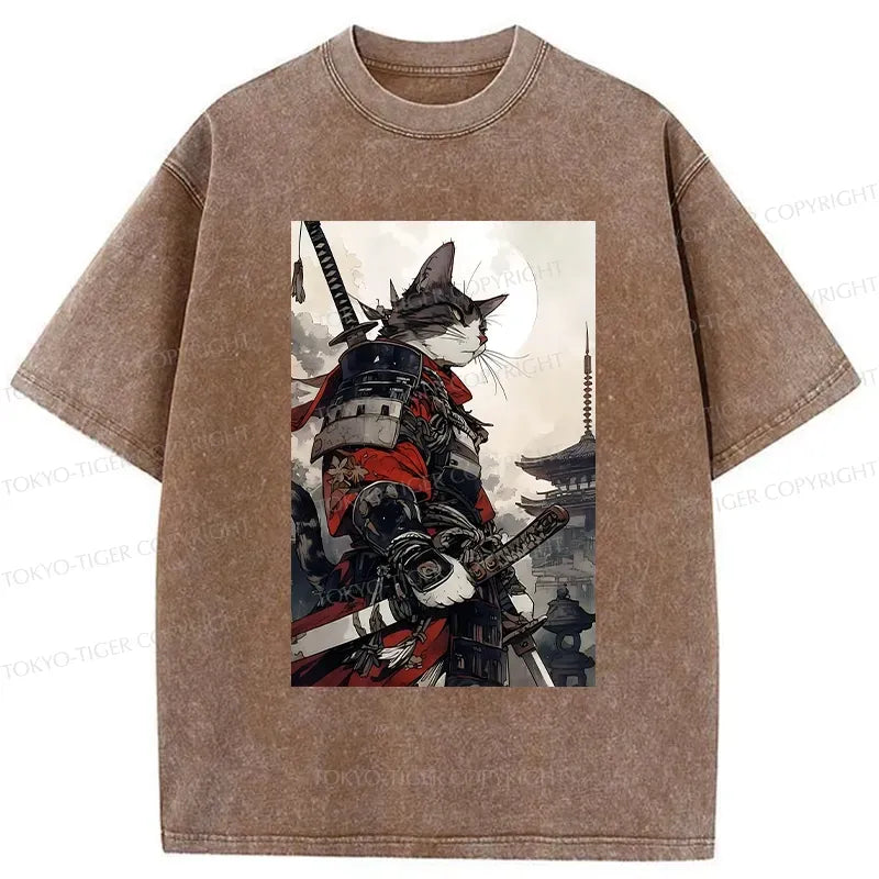 Kyoto-Lion Majestic Samurai Cat Washed T-Shirt