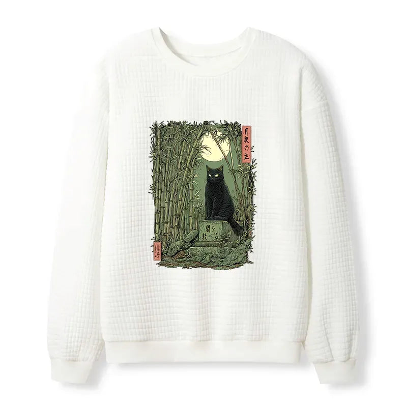 Kyoto-Lion Black Cat In The Bamboo Forest Waffle Sweatshirt
