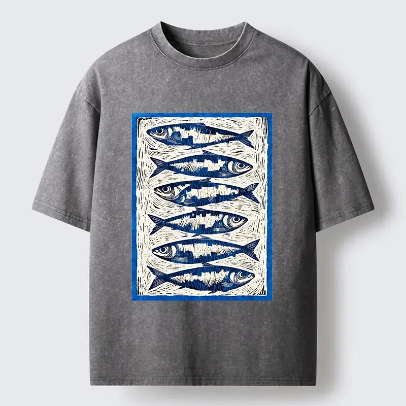 Kyoto-Lion Vintage Block Print Ocean Fish Washed T-Shirt