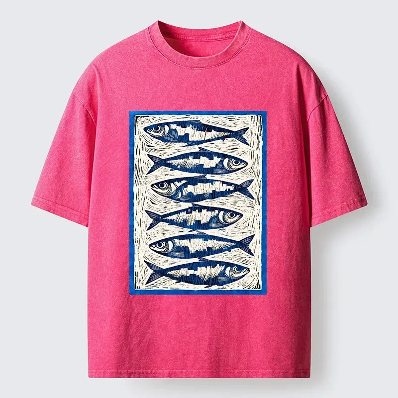Kyoto-Lion Vintage Block Print Ocean Fish Washed T-Shirt