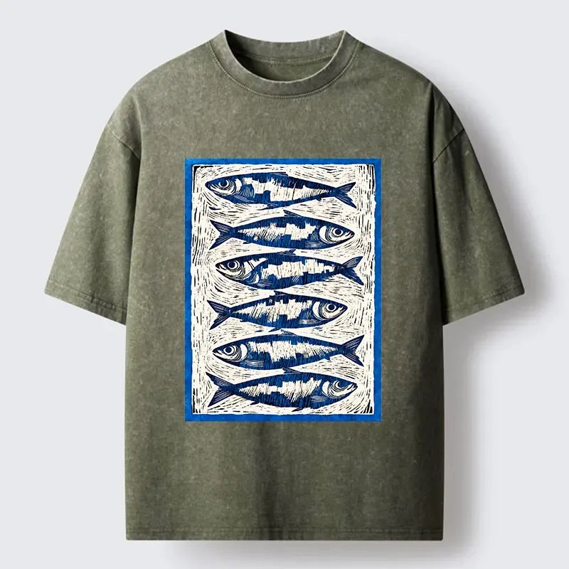 Kyoto-Lion Vintage Block Print Ocean Fish Washed T-Shirt
