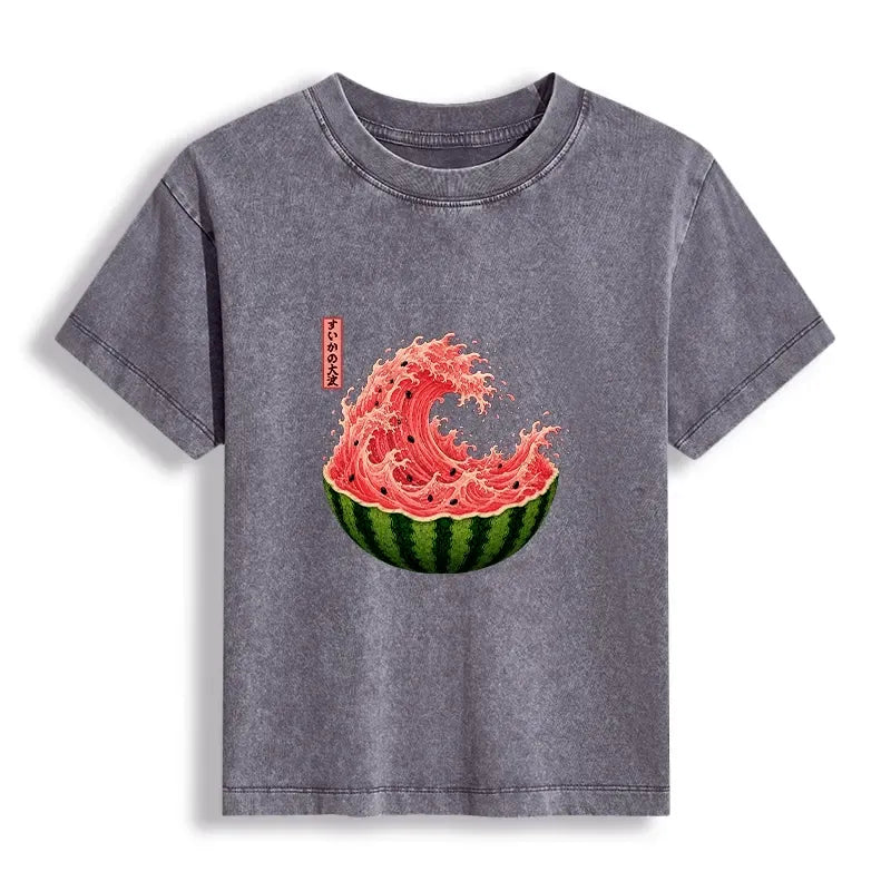 Kyoto-Lion Watermelon Wave Summer Ukiyo Art Women's Washed T-shirt