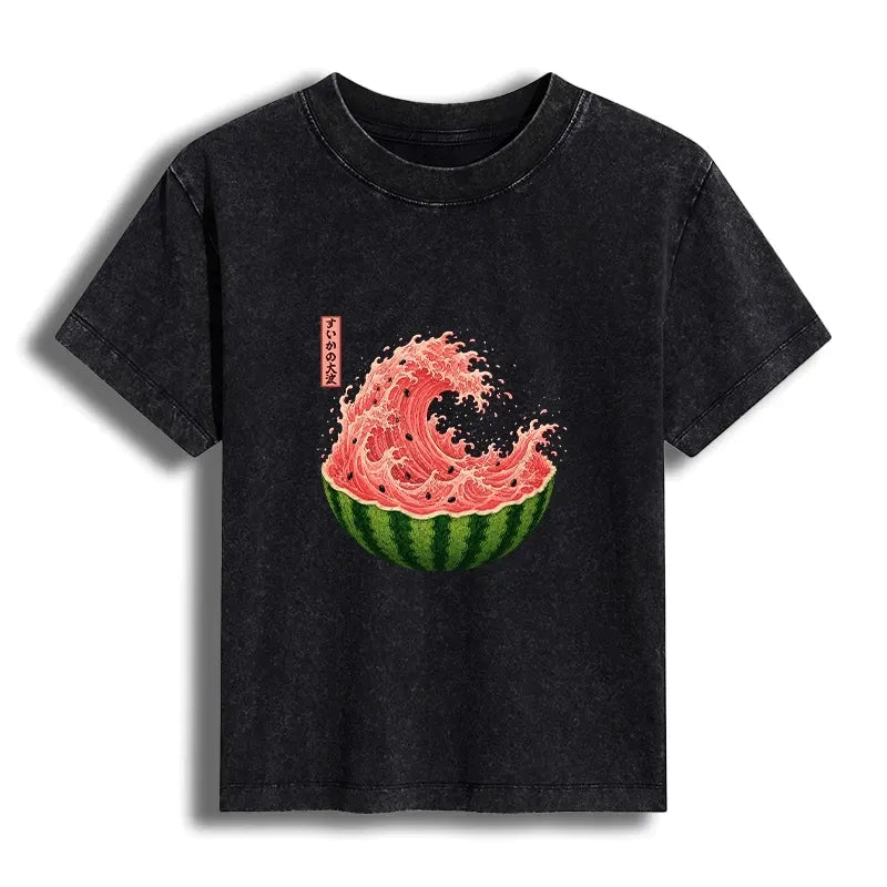 Kyoto-Lion Watermelon Wave Summer Ukiyo Art Women's Washed T-shirt