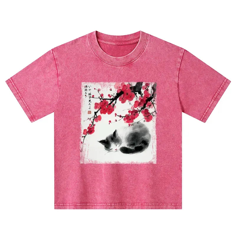 Kyoto-Lion Ink Wash Painting: A Cat Lying Flat Under The Tree Kids Washed T-Shirt