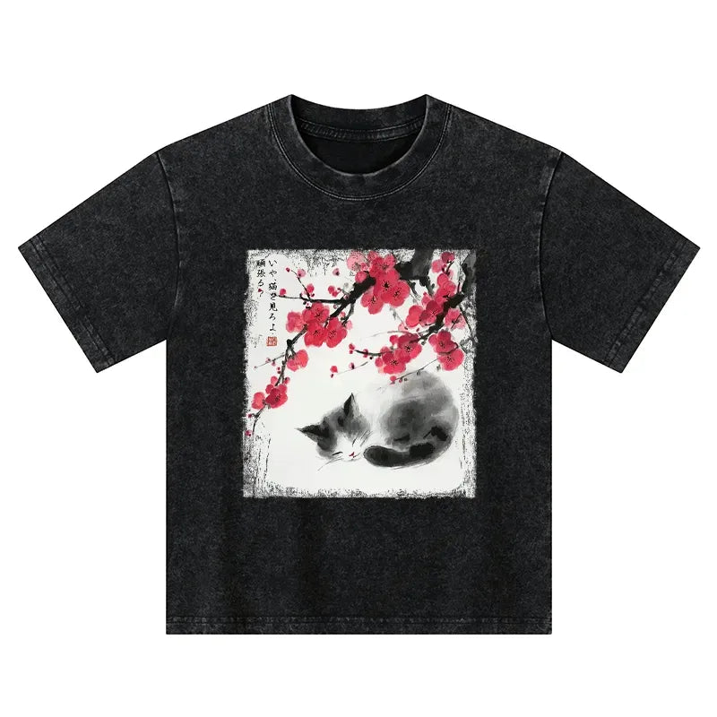 Kyoto-Lion Ink Wash Painting: A Cat Lying Flat Under The Tree Kids Washed T-Shirt