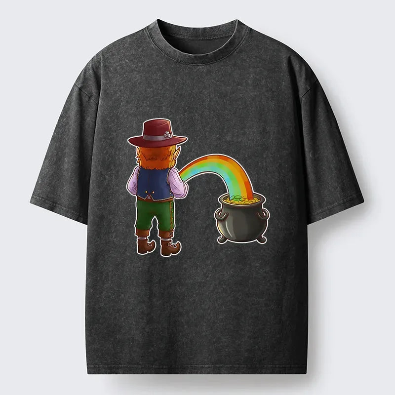Kyoto-Lion St Patrick's Day Rainbow Funny Washed T-Shirt