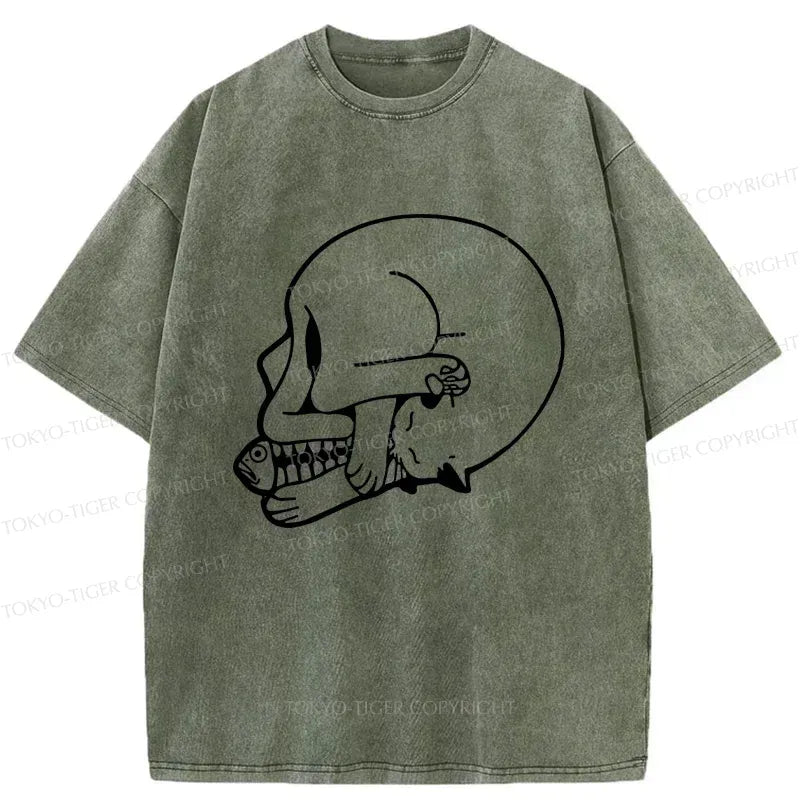 Kyoto-Lion Funny Cat Eating Fish Washed T-Shirt
