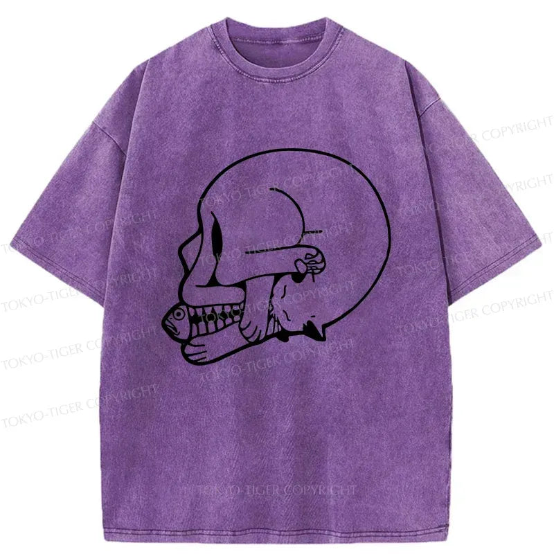 Kyoto-Lion Funny Cat Eating Fish Washed T-Shirt