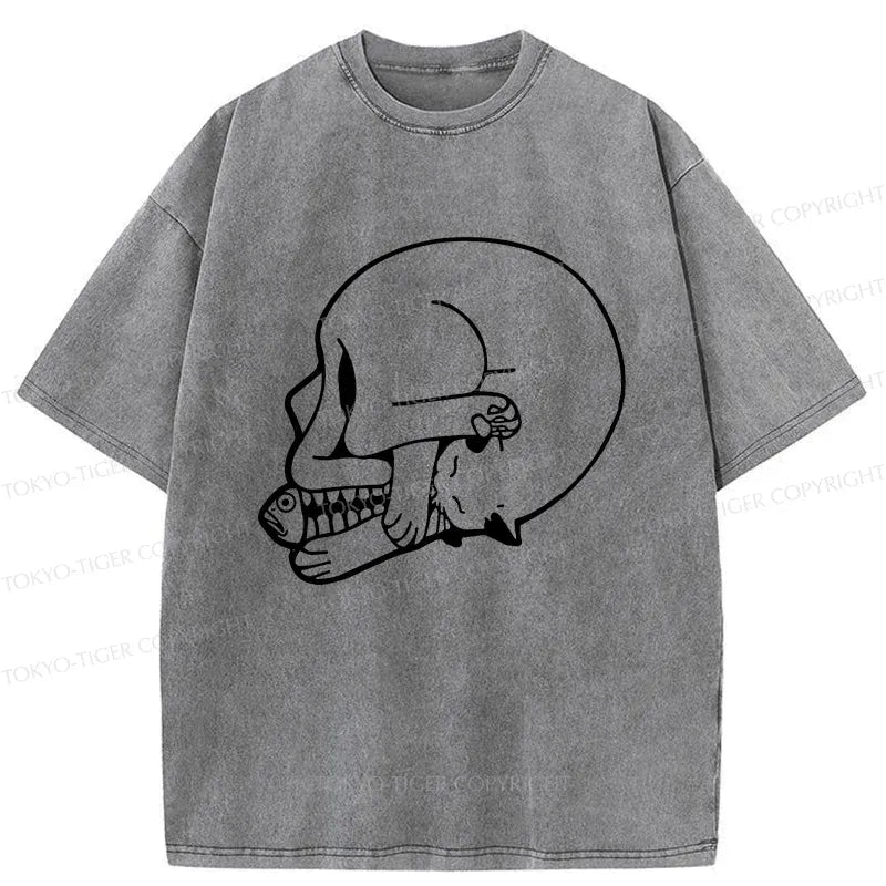 Kyoto-Lion Funny Cat Eating Fish Washed T-Shirt
