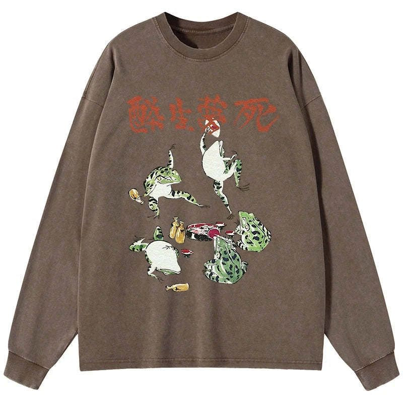Kyoto-Lion Japanese Frog Osake Kanji Washed Long Sleeve T-Shirt