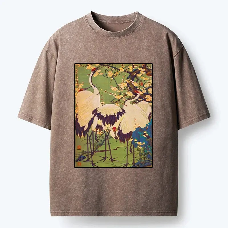 Kyoto-Lion Three Cranes In Sakura Garden Washed T-Shirt