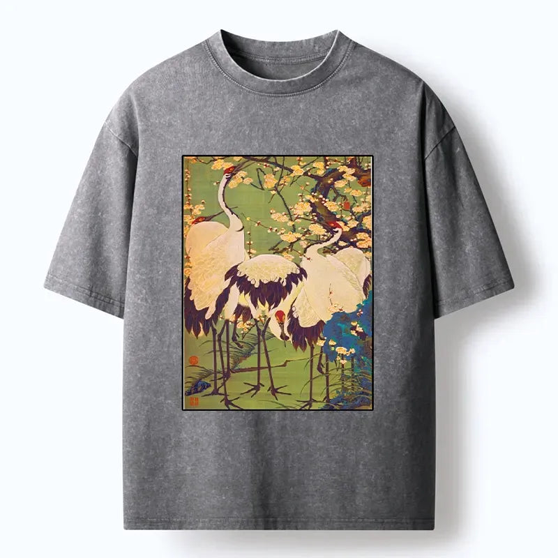 Ukiyo-e Three Cranes Washed T-Shirt